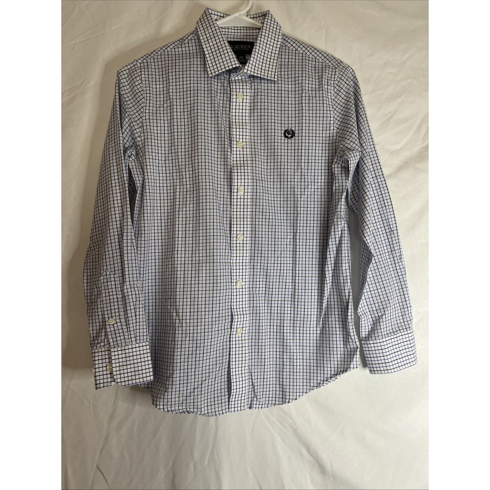 Lauren‎ Ralph Lauren Boys Button Down Shirt Blue White Check Youth size 14